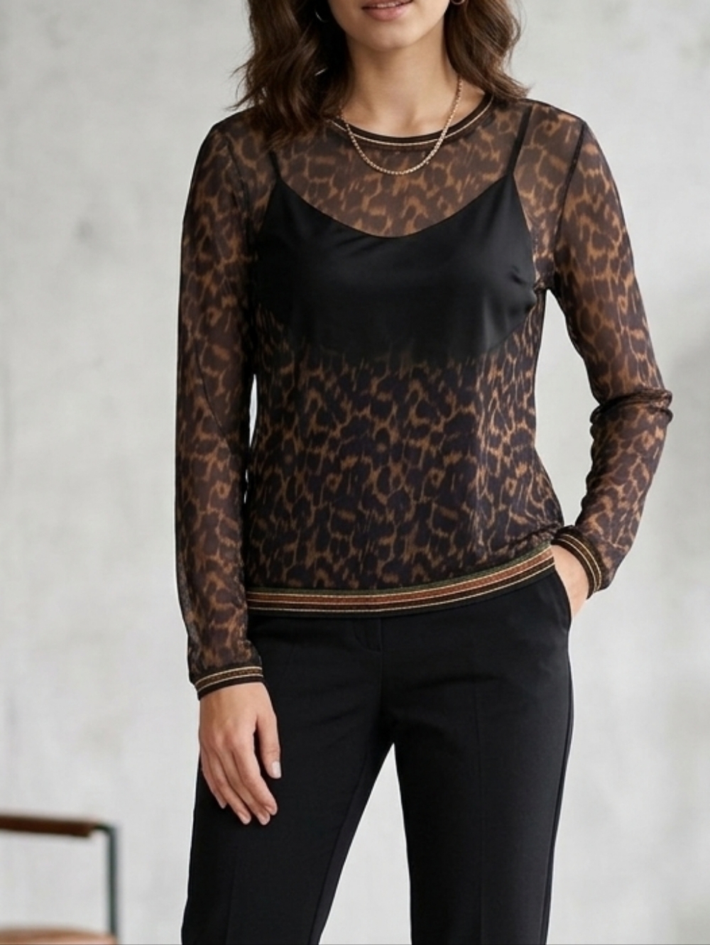 Brown Leopard Print Long-Sleeve Mesh Top